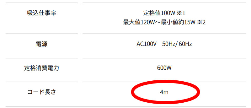 キャニスティッククリーナー KIC-CSP5の電源コード長は4.0m